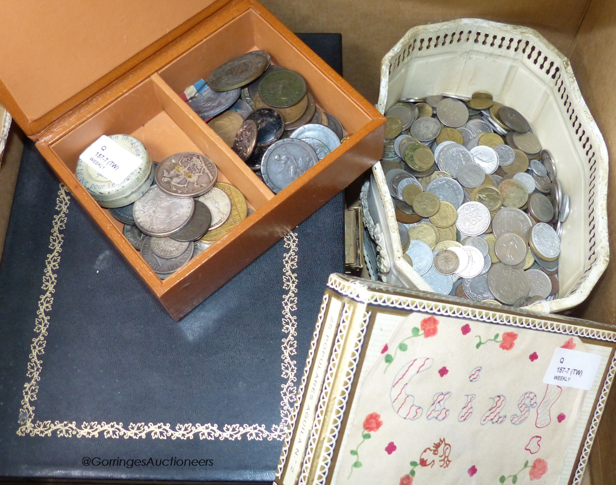 A collection of coins, banknotes and other items, including an 1817 half crown, an 1889 crown, an 1887 dollar, Moroccan silver rial and dirham,1895-1903/4